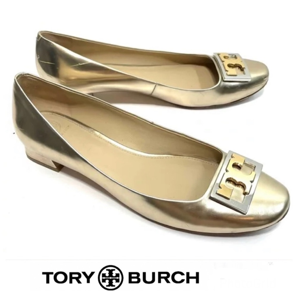 TORY BURCH Gigi Silver Gold Metallic Leather Front T Logo Heel Loafers Sz 8.5 M